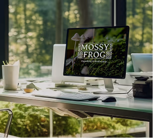 A desktop computer in an office in the forest featuring a screensaver with the logo for Mossy Frog.