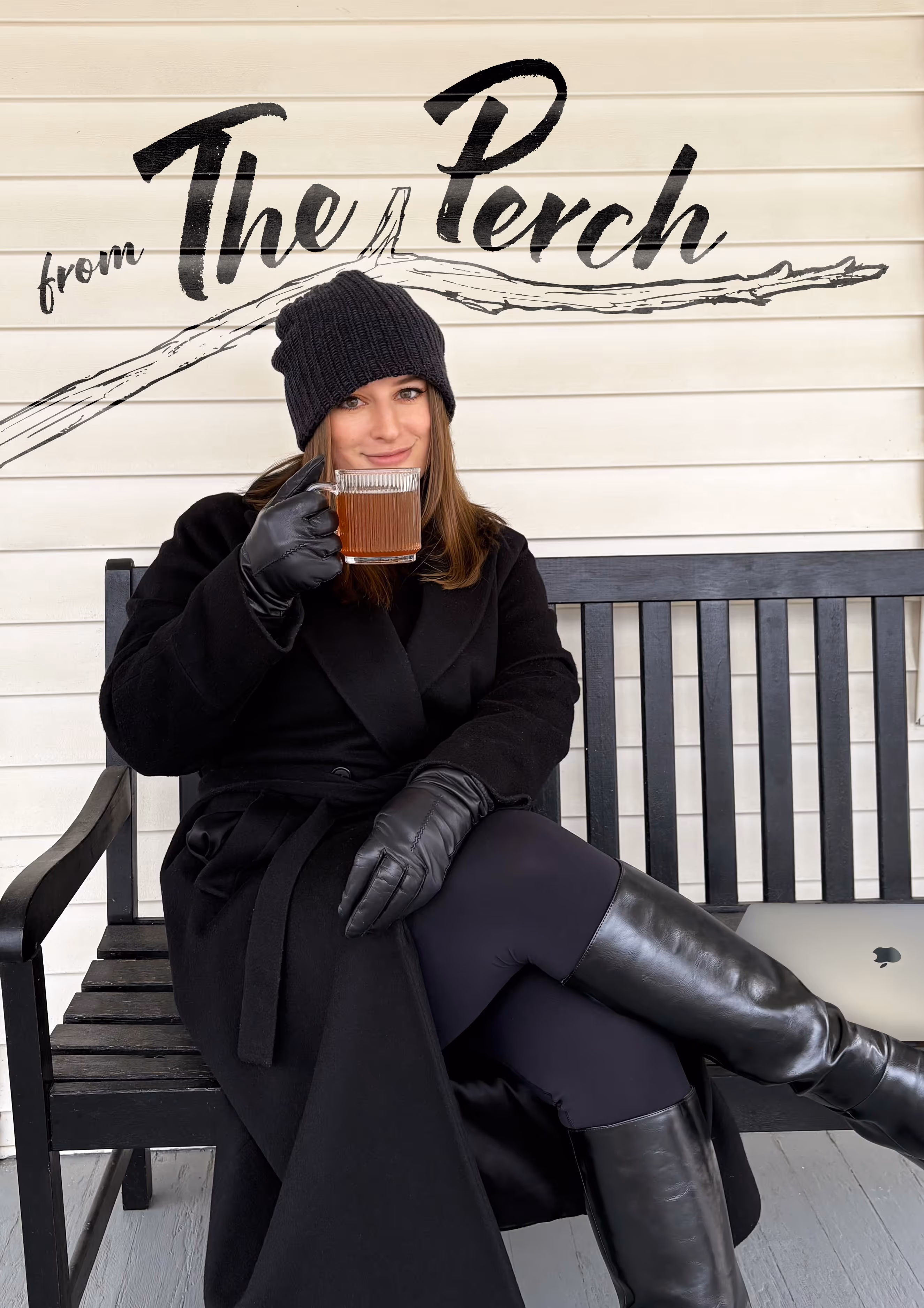 Hannah Hernandez, owner of EQBM Design Company and the writer behind the "From the Perch" e-newsletter, sitting on a bench on her porch. The logo for the newsletter is above her head.