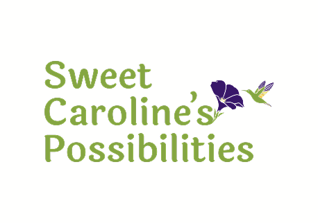 The primary logo for Sweet Caroline's Possibilities. The logo features the business name and a hummingbird and flower coming off the "s" in Caroline's. This was created by EQBM Design Company.