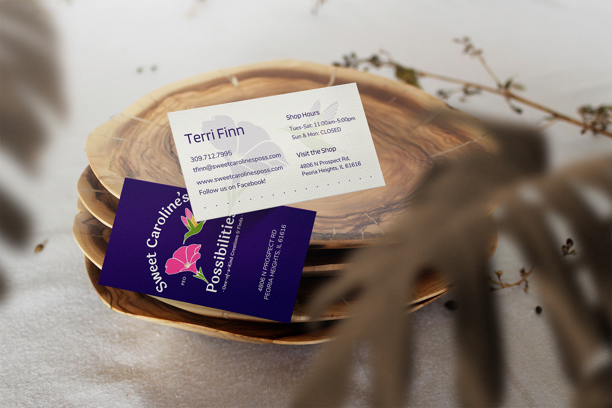 The front and back design for business cards for Sweet Carolines Possibilities.