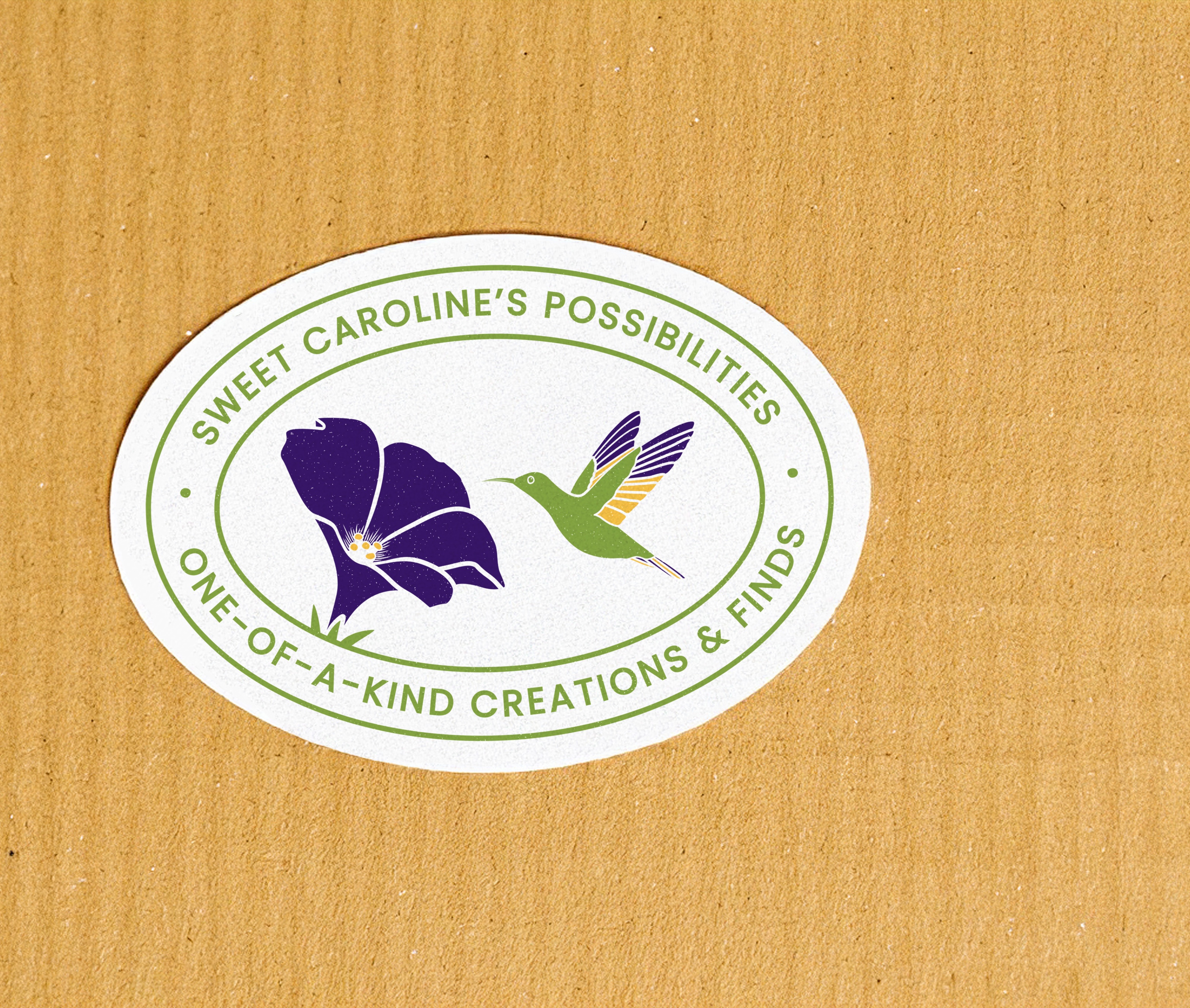 A sticker for product packaging featuring an oval logo for Sweet Caroline's Possibilities.