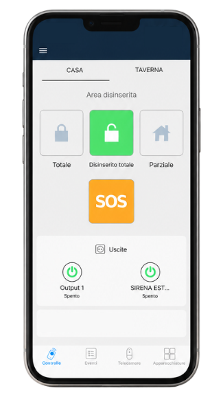 Schermata di un'app per smartphone che mostra il controllo di un sistema di allarme con opzioni CASA e TAVERNA; area di disinserimento con tre pulsanti: Totale con icona lucchetto chiuso, Disinserito totale attivo con icona lucchetto aperto in verde, e Parziale con icona casa; pulsante SOS arancione al centro; sezione Uscite con Output 1 e Sirena Est... entrambi spenti.
