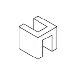 Minimalist black line drawing of a chair with a backrest and a flat seat viewed at an angle.