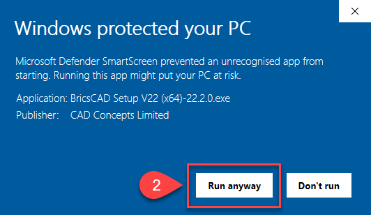 Microsoft Defender screen. Pick Run anyway