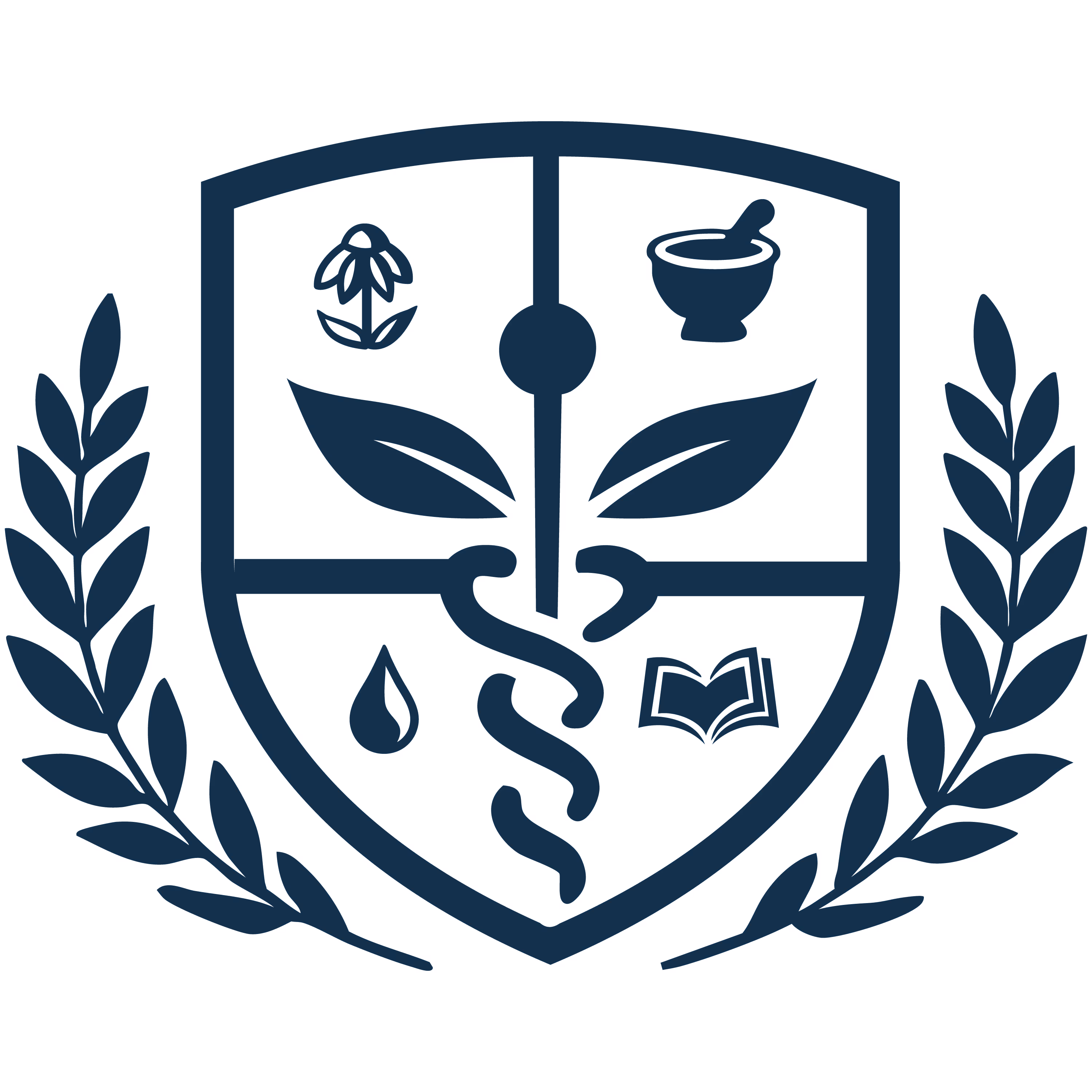 Medical emblem with a shield divided into four sections showing a flower, a pestle and mortar, a drop, and an open book, with leaves on each side and a caduceus symbol in the center.