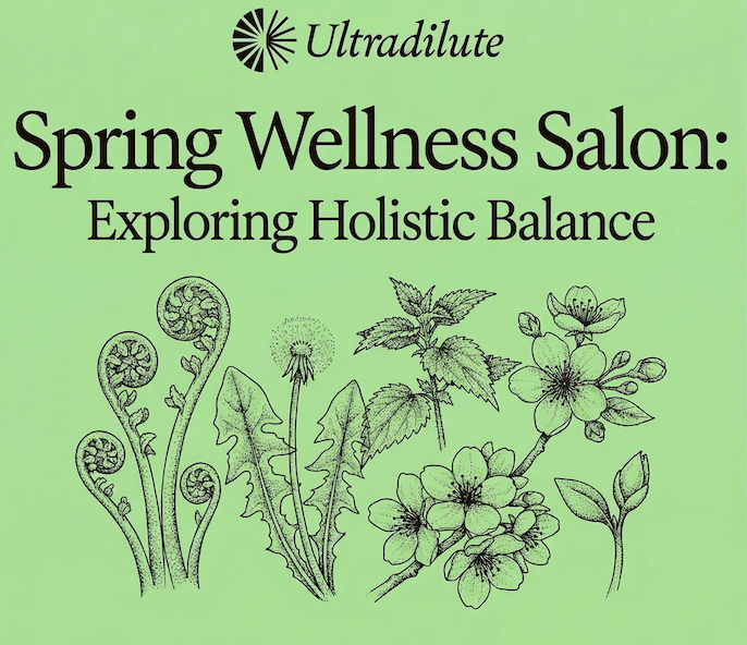 Spring Wellness Salon event poster by Ultradilute featuring botanical illustrations and details about an in-person educational salon on allostatic load and homeopathic resilience.