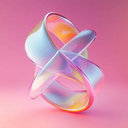 Transparent, colorful twisted ribbon sculpture on a pink gradient background.
