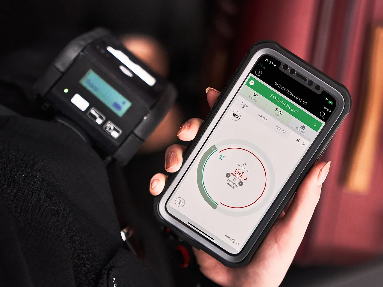 Hand holding a smartphone displaying a passenger check-in app showing 64 remaining seats.