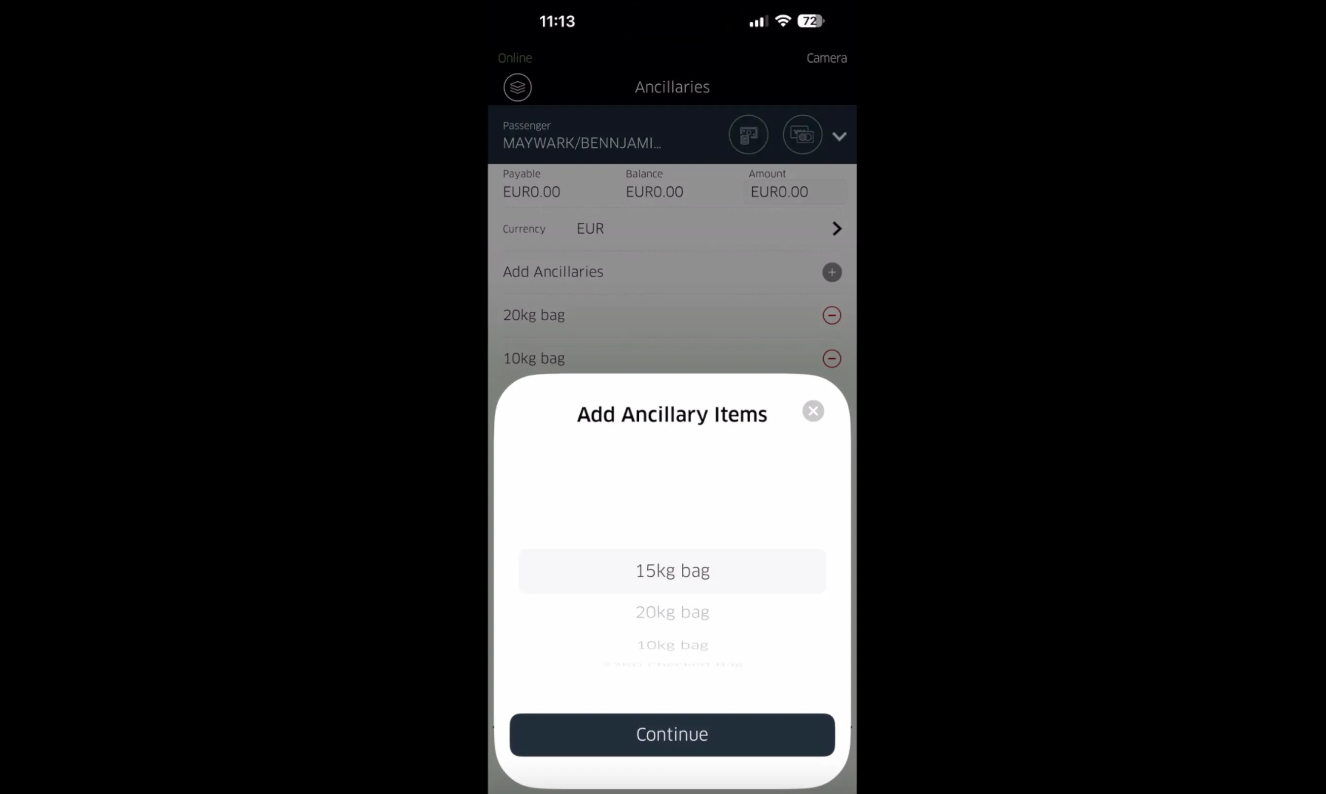 Mobile app screen showing ancillary services where a passenger named Maywark/Benjamin can add or remove baggage options with a popup to add a 15kg bag and a continue button.
