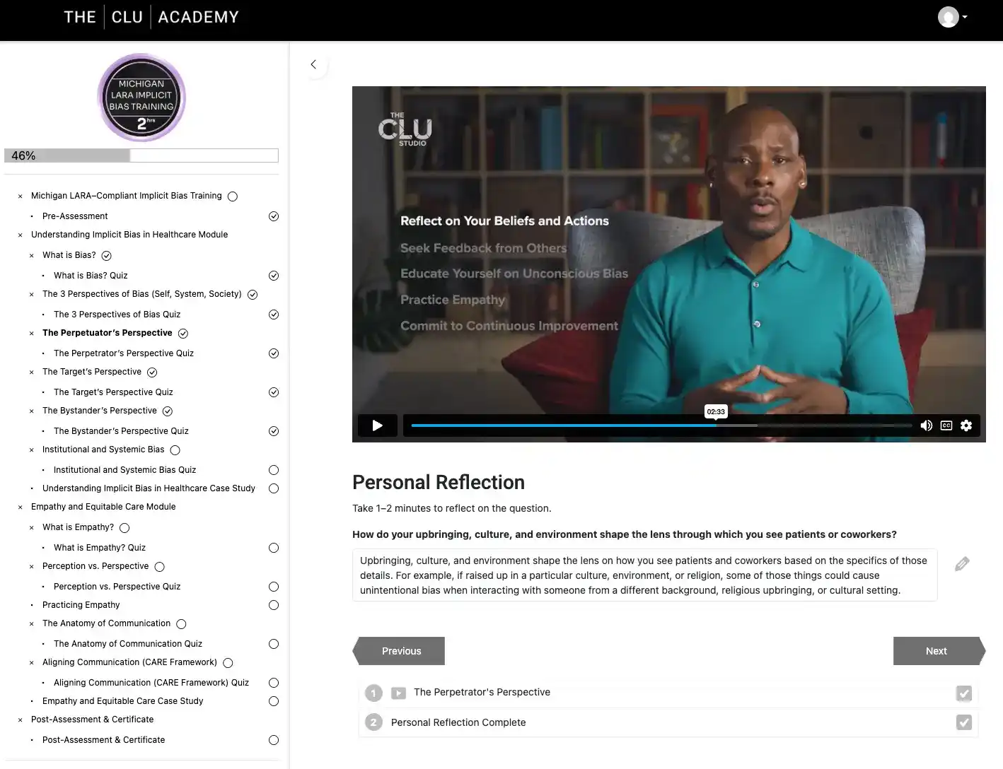 Screenshot of the course interface