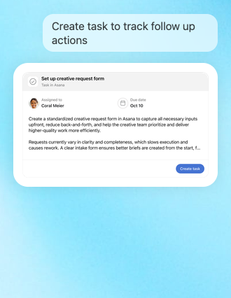 Asana response to 'Create task to track follow up actions' showing a task card with assignee, due date, description, and a Create task button inside a chat