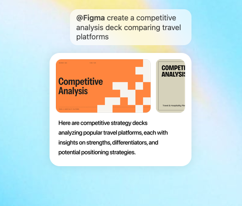 Figma response to '@Figma create a competitive analysis deck comparing travel platforms' showing generated, editable 'Competitive Analysis' slides inside a chat