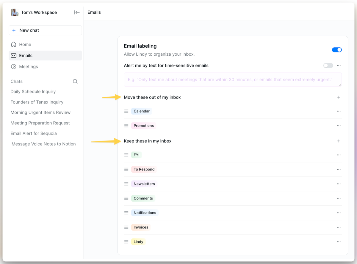 Email Labeling settings showing category toggles