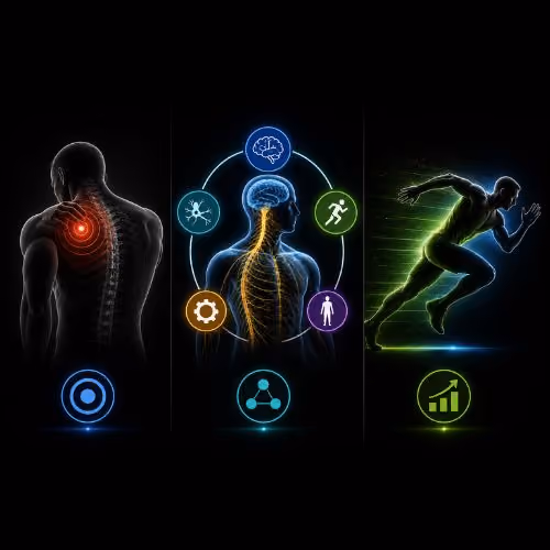 Illustration of spine pain, nervous system functions, and an athletic figure running with performance icons.