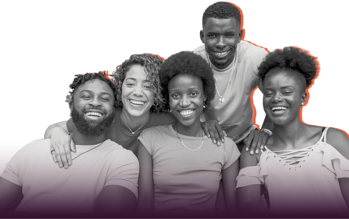 Three women and two men, all smiling and seated together as friends. The image is in black and white, with a bright orange background.