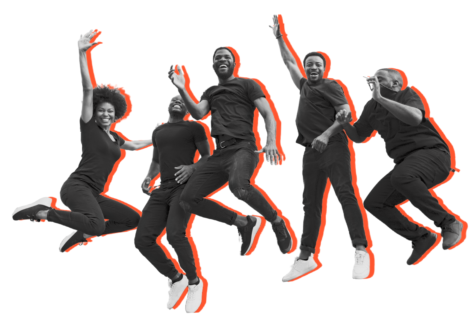 Four Black men and one Black woman, all jumping with joy in the air. The image is in black and white, set against a bright orange background. with joy in the air