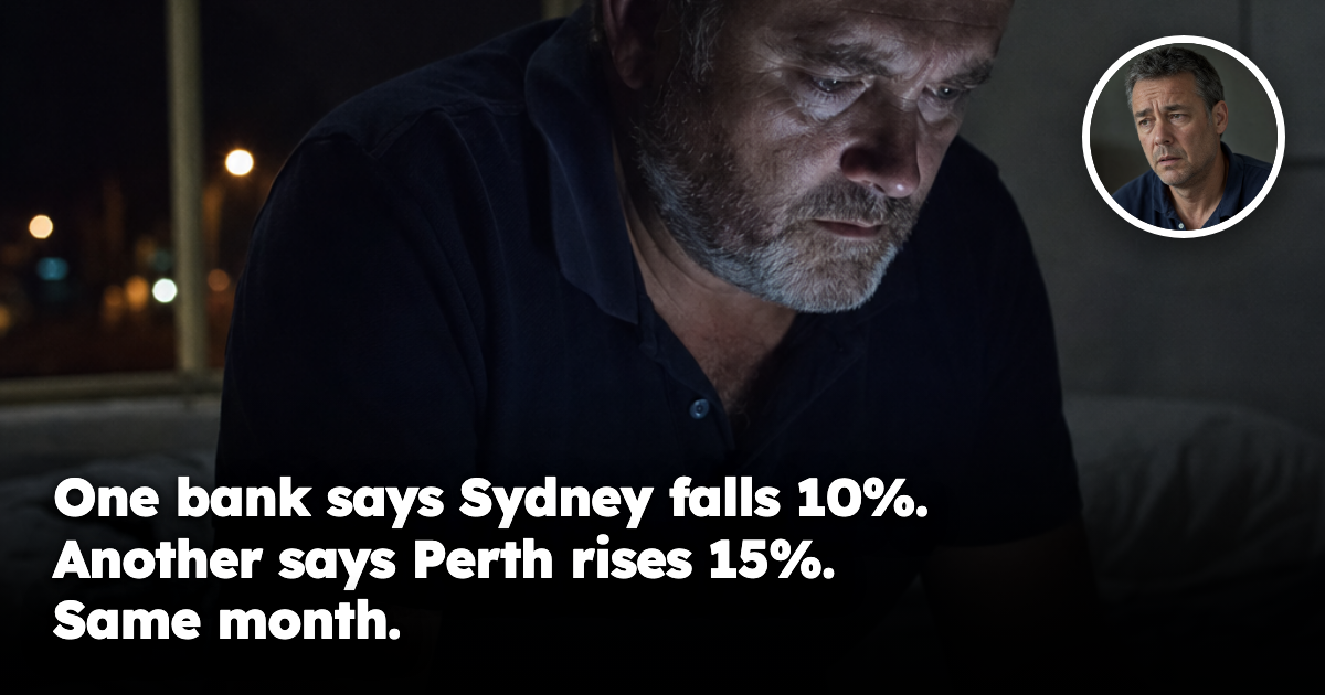 Australian property investor awake at night reading conflicting house price forecasts on his phone