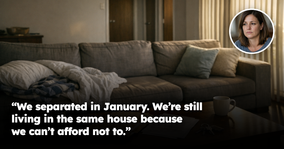 A suburban living room with bedding folded on one end of the sofa, two coffee mugs at opposite corners of a table, and a folder of legal documents beside house keys