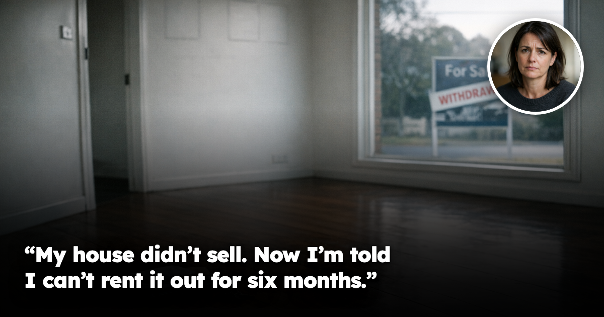 Empty Australian suburban living room with bare timber floorboards, blank walls, unopened mail and keys on the floor, and a withdrawn For Sale sign visible through the window