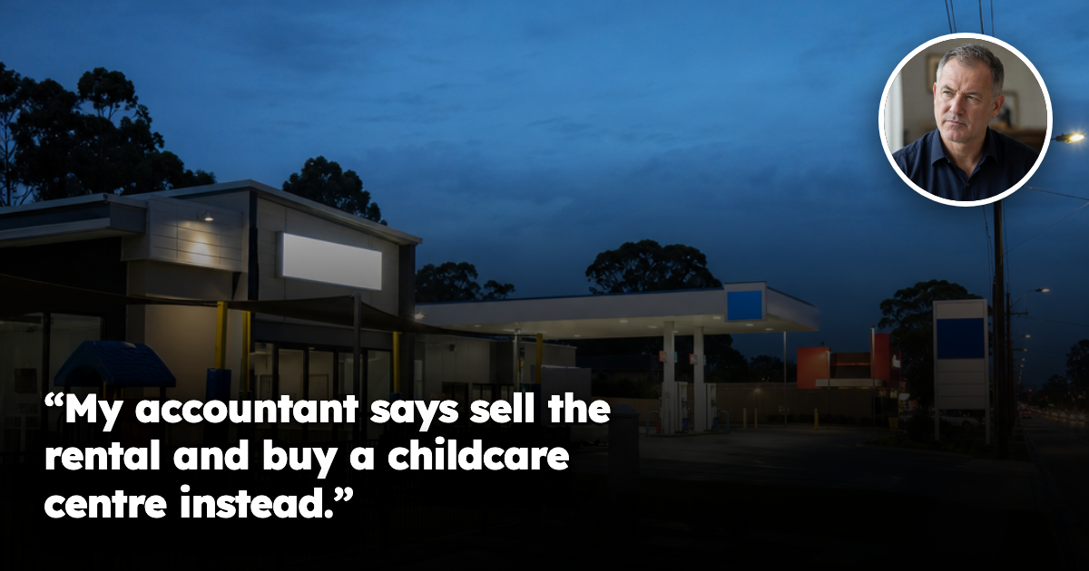 An Australian suburban arterial road at dusk showing a freestanding childcare centre with an empty car park, an illuminated service station forecourt and a fast food drive-through lane