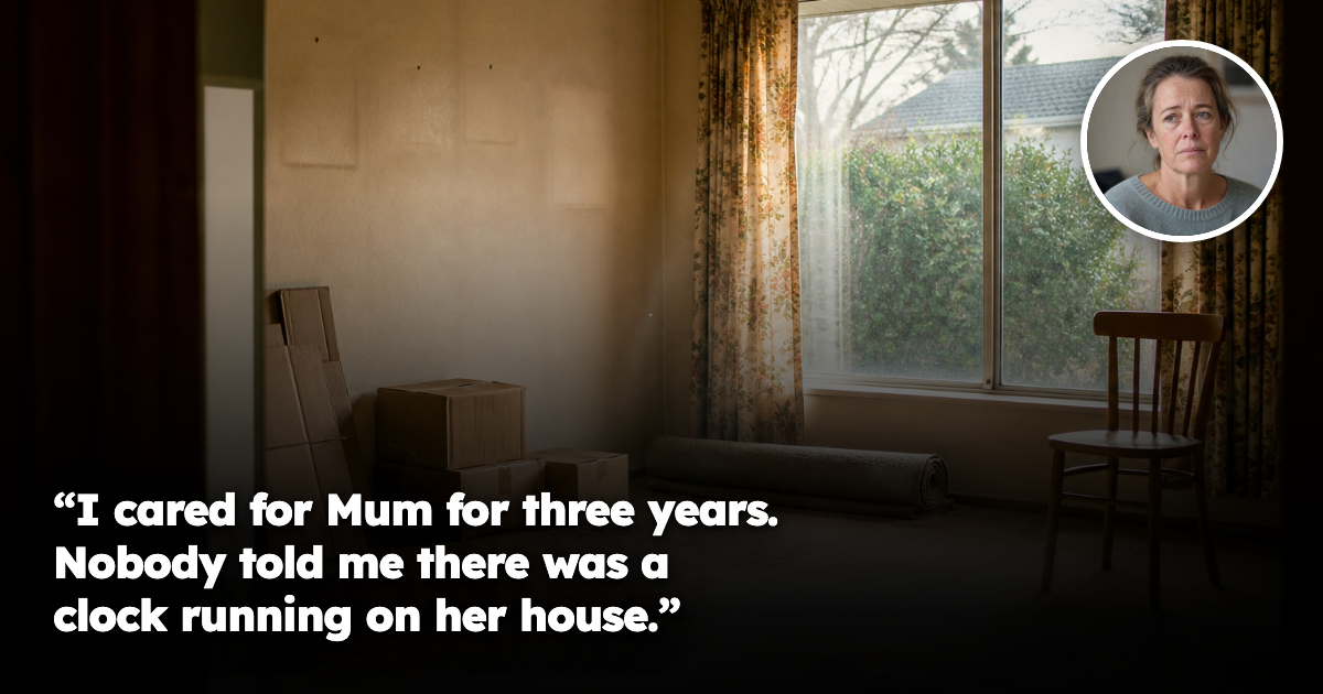 The empty living room of a 1970s Australian suburban family home part-way through being packed up, with removal boxes, carpet indentations where furniture stood and faded marks on the wall where pictures hung