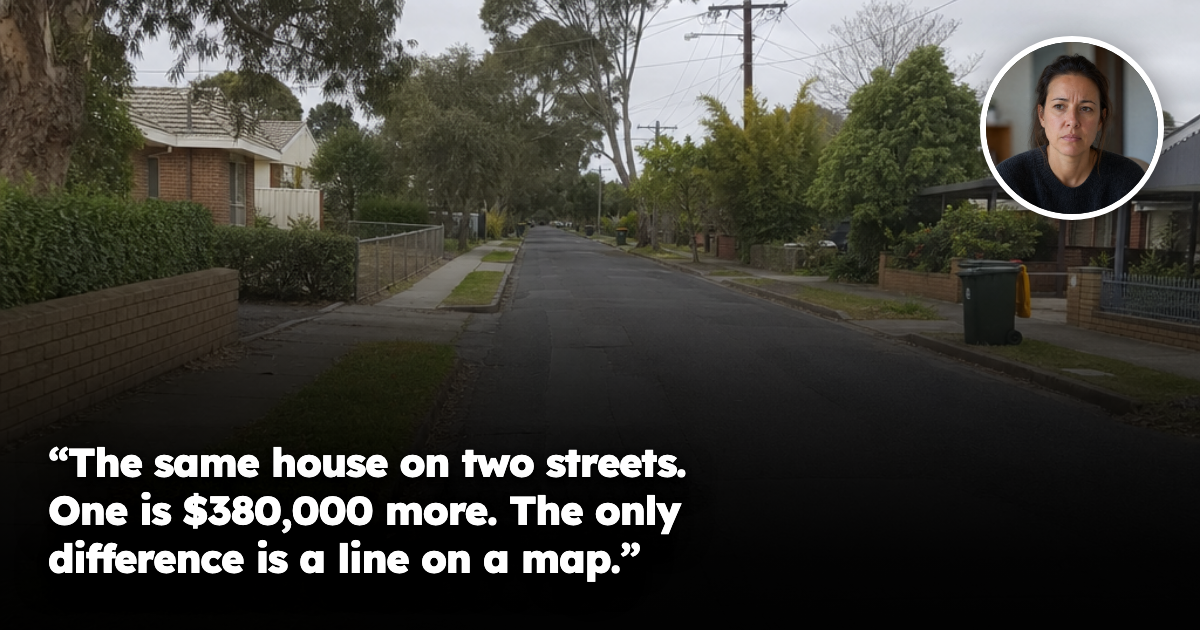 A quiet established Australian suburban residential street of modest brick veneer houses with concrete tile roofs, gum trees and overhead power lines, with no people present