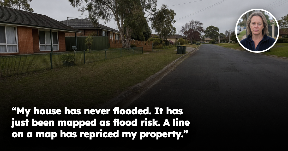 A quiet ordinary Australian suburban residential street on an overcast day, showing kerb-and-gutter drainage and a stormwater drain grate in the foreground, with modest brick veneer houses, gum trees and overhead power lines, and no people present