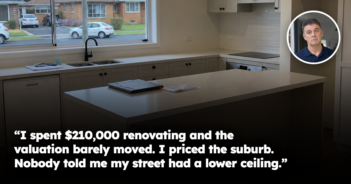 A newly renovated Australian kitchen with stone benchtops, an island bench and timber floors, looking out through a large window to an ordinary suburban street of brick homes. No people present.