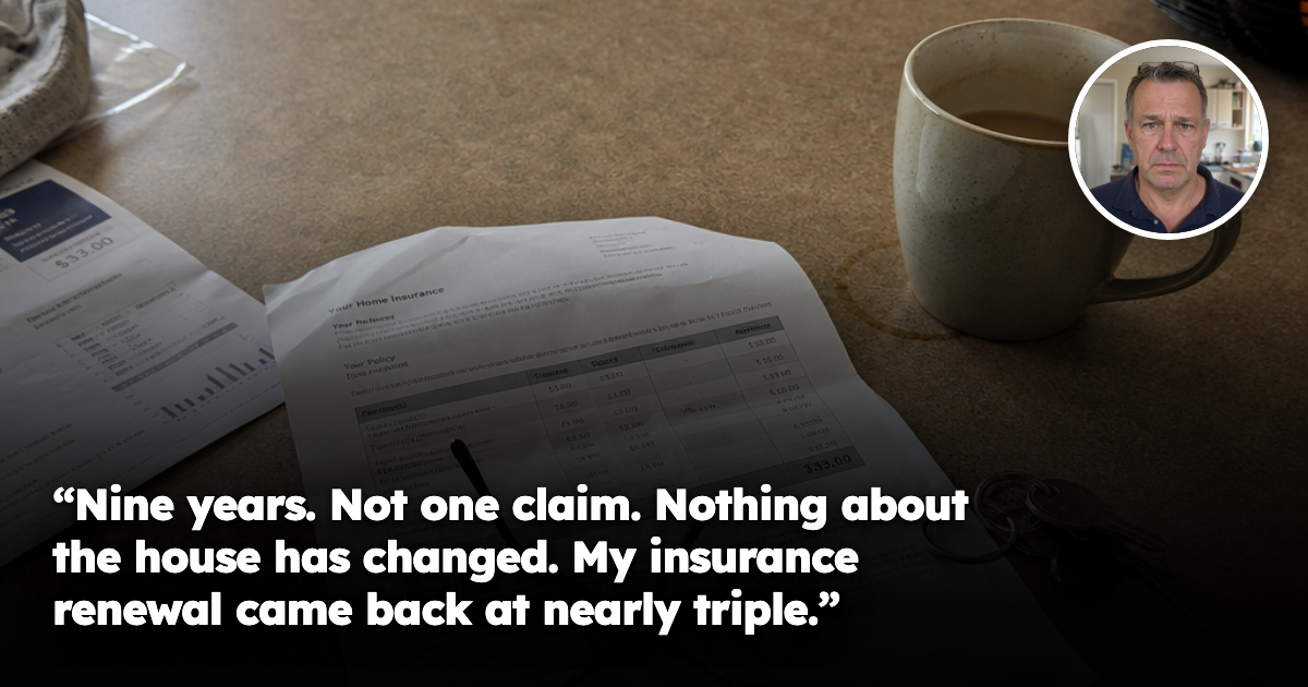 A kitchen bench in an ordinary Australian home with a printed home insurance renewal notice, reading glasses, house keys, a pen and a mug of cold tea. No people present.