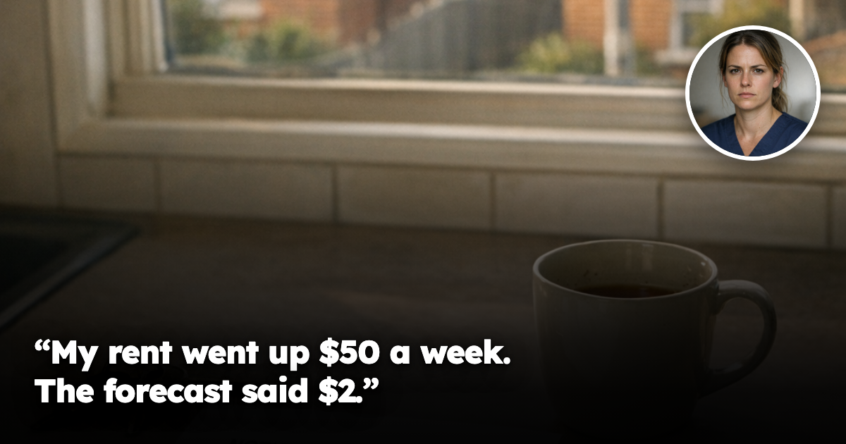 A kitchen bench in an ordinary Australian rental home with an opened notice of rent increase, house keys, a pen and a mug of cold tea, looking out a window to a suburban street. No people present.