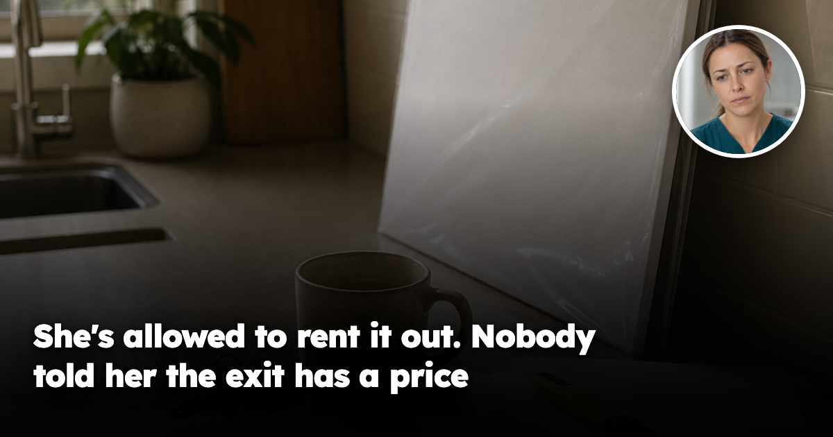 A rolled FOR LEASE sign still sealed in its plastic wrapping, leaning unopened against a kitchen splashback beside a set of house keys, a coffee mug and a stack of loan paperwork in warm morning light.
