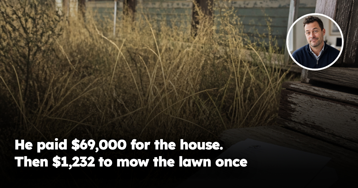 An opened council compliance notice resting on the timber step of a derelict duplex, with waist-high dry overgrown grass engulfing the yard behind it under harsh remote northern Australian sun.