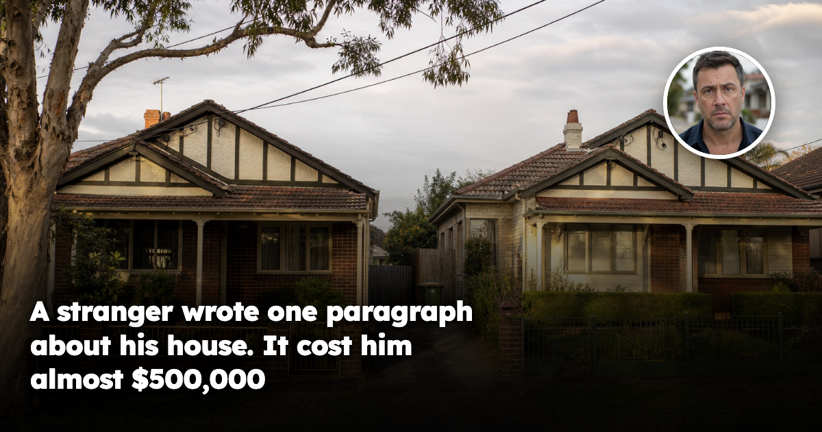 Two near-identical older Australian suburban houses of the same era standing side by side on the same street, with mature trees and low front fences in late afternoon light.