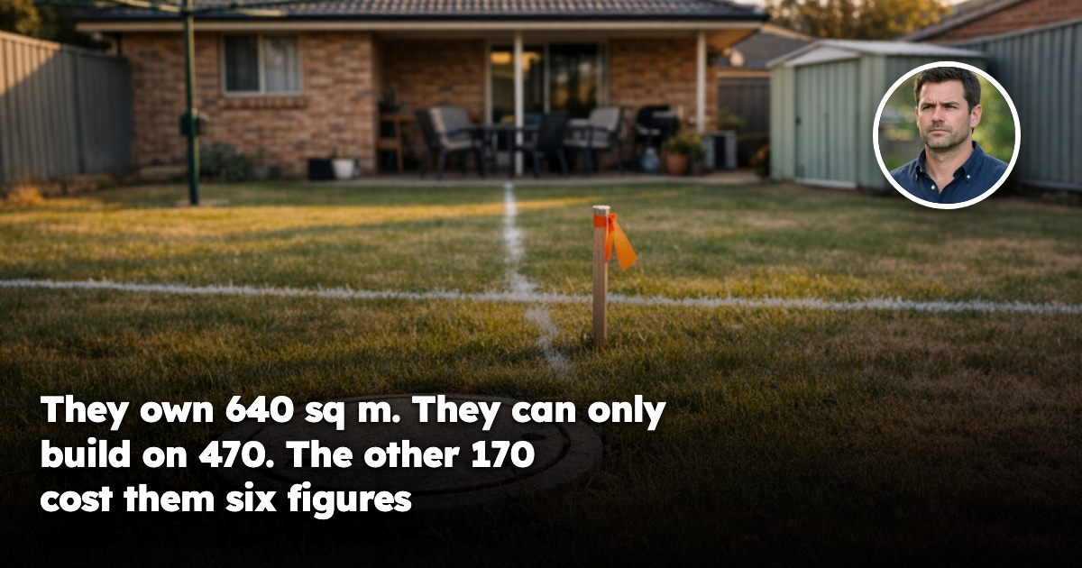 An ordinary Australian suburban backyard in late afternoon light, with a round concrete sewer access lid set flush into the lawn and surveyor's marking lines running across the grass.