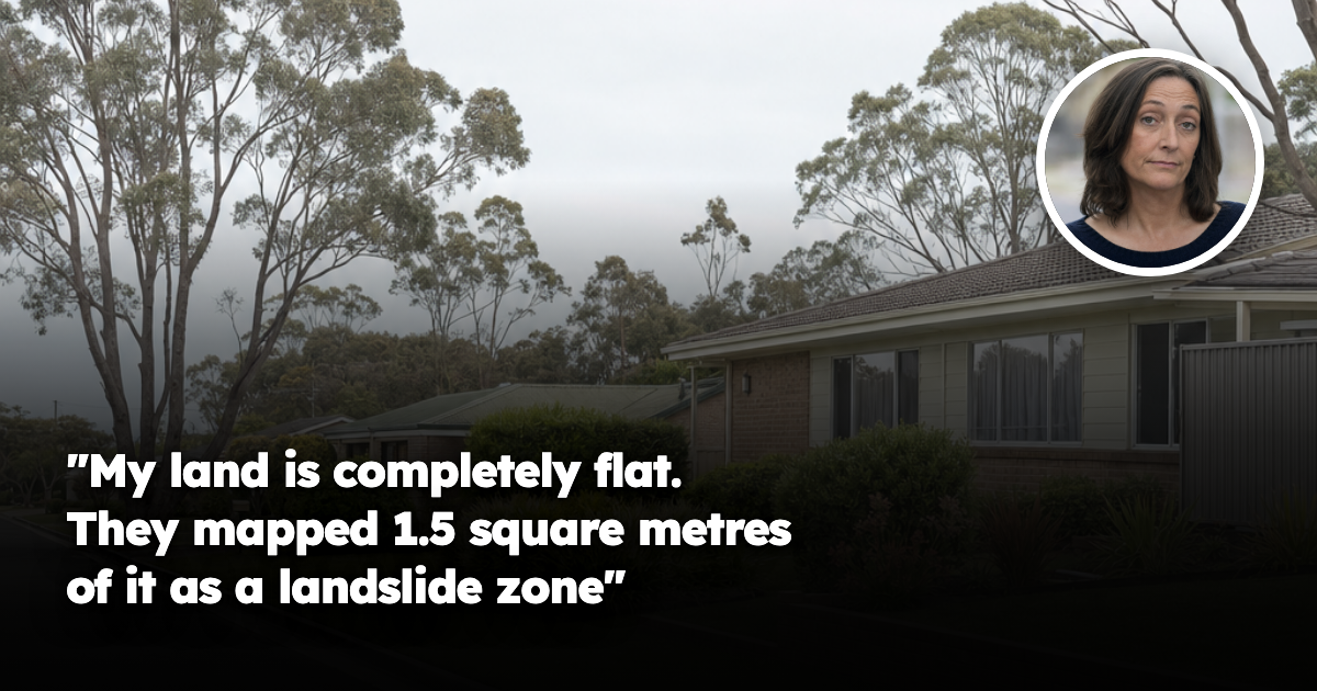 A quiet, completely flat Australian suburban street of single-storey homes with level lawns, concrete kerbing and a low brick retaining wall edging one front garden.