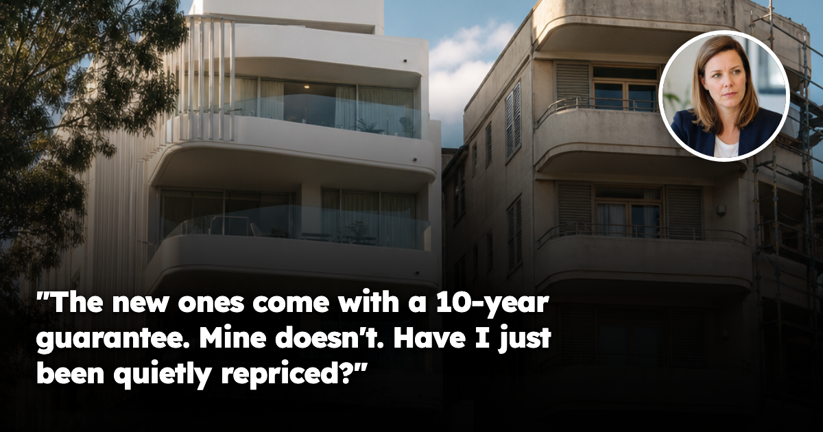 Two adjacent mid-rise Australian apartment buildings on the same street, one newly built and one visibly older with scaffolding, illustrating how identical suburb data hides building-level differences.
