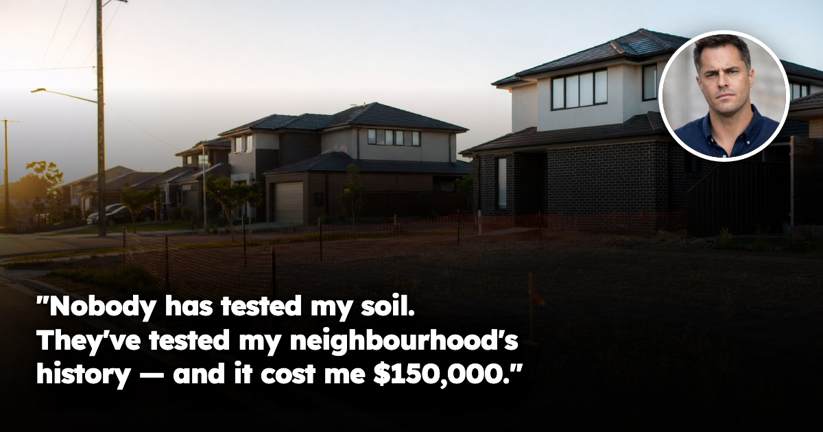 A vacant residential building block in an Australian greenfield housing estate at dusk, fenced and untouched with a concrete kerb and survey peg, while completed houses stand on neighbouring lots.