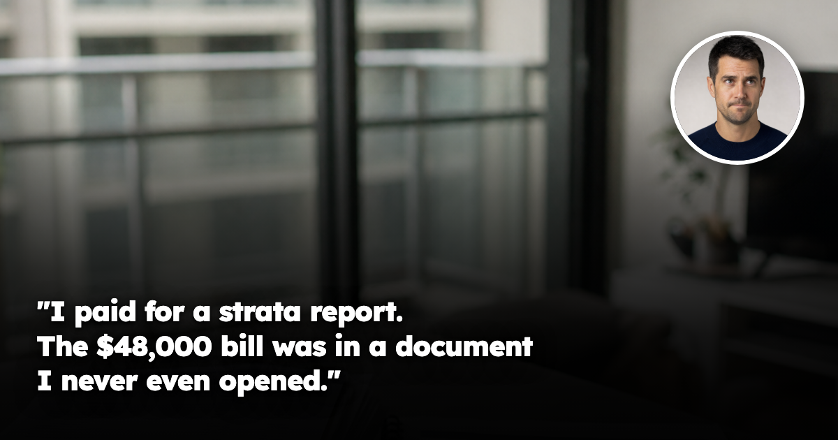A stack of strata building financial documents and a spiral-bound ten-year capital works fund plan lying open on a kitchen table beside an unopened envelope and a set of apartment keys.
