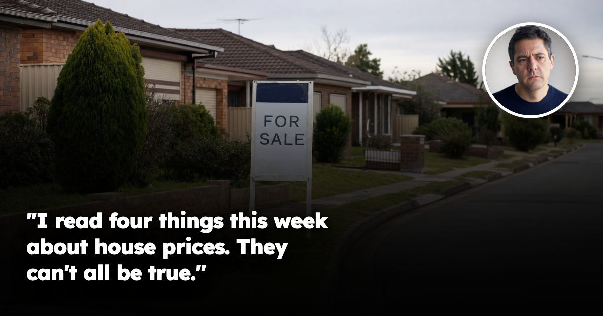 A quiet outer-suburban Australian street with a for sale sign on the nature strip, used to illustrate how national house price figures average very different streets.