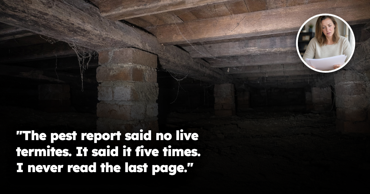 A torch beam lit subfloor crawl space beneath an older Australian brick home, showing timber bearers and joists in the dark, used to illustrate the parts of a house a pest inspection cannot always reach.