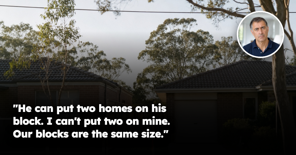 Two adjacent Australian suburban brick and tile houses on one street, the left on a visibly narrow block and the right on a wider block with a driveway, with a surveyor's peg marking the boundary between them.