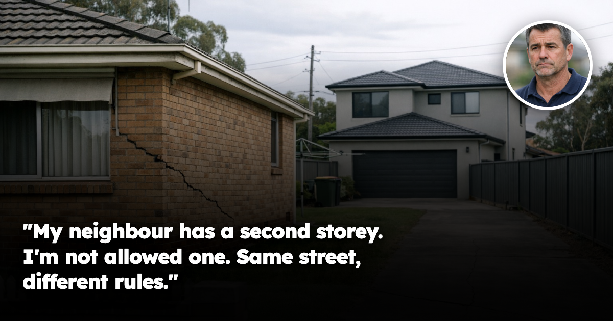 An Australian suburban street showing a modest single-storey brick house with visible cracking in the brickwork and driveway, standing beside a newer two-storey rendered home on a similar sized block.