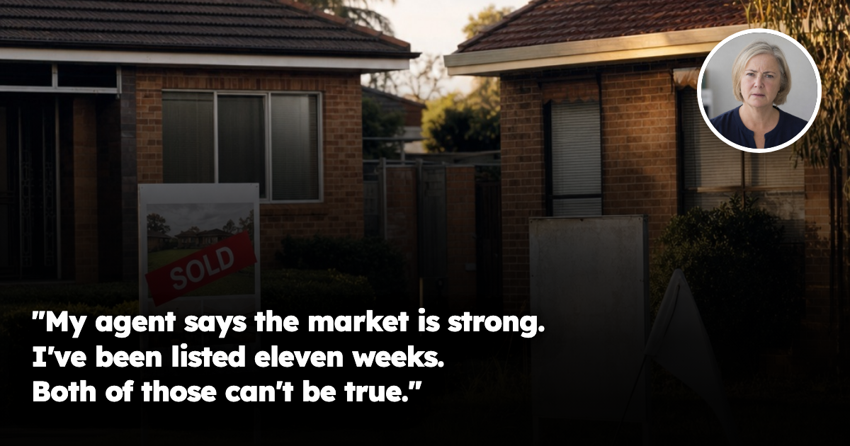 Two neighbouring Australian brick and tile houses on the same street at golden hour, one with a SOLD sticker across its real estate signboard and the other with a weathered, sun-faded sign still standing on the lawn.