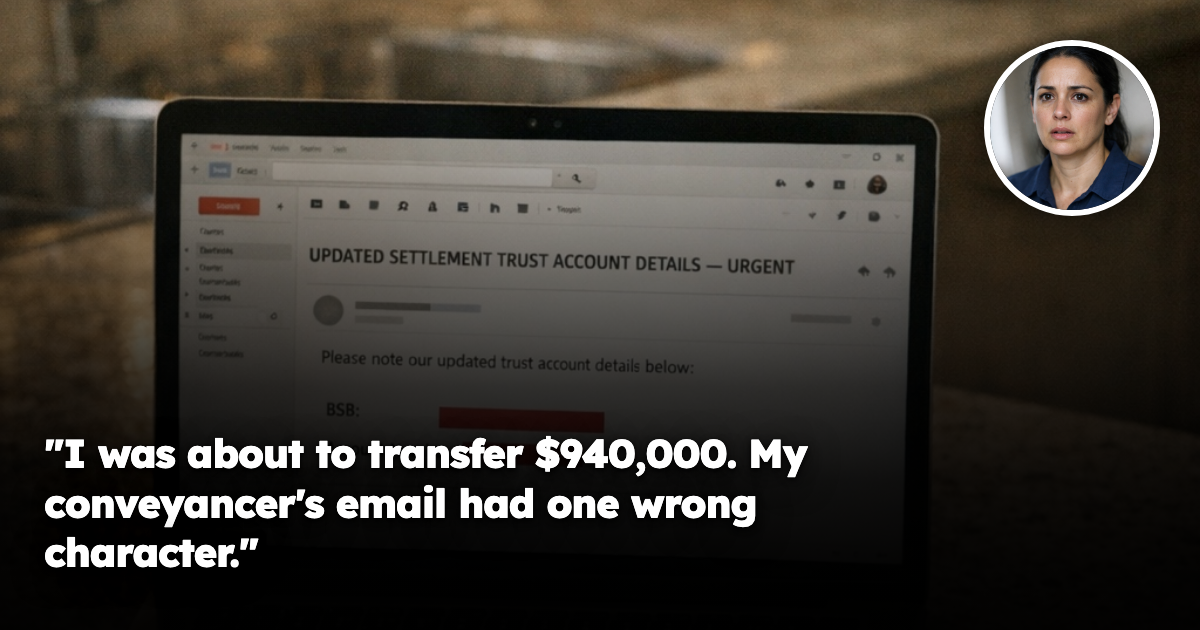 A laptop on a kitchen bench showing an urgent email claiming updated settlement trust account details, beside house keys and a property contract folder