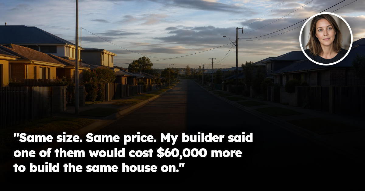 An Australian suburban street in late winter afternoon with the houses on one side lit by low golden sun and the houses opposite sitting in deep shadow