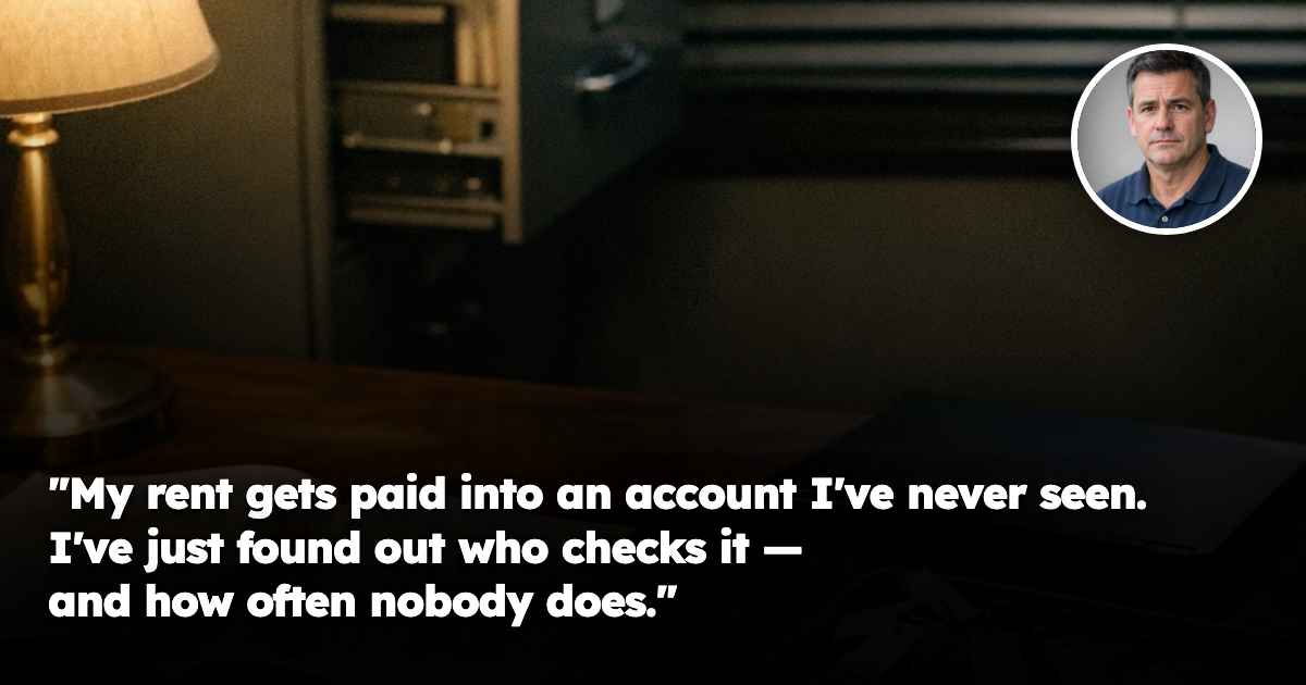 An Australian real estate agency office after hours, a desk with an open ledger, a bank statement, a set of tagged property keys in a tray and a locked filing cabinet drawer slightly ajar, lit by a single lamp.
