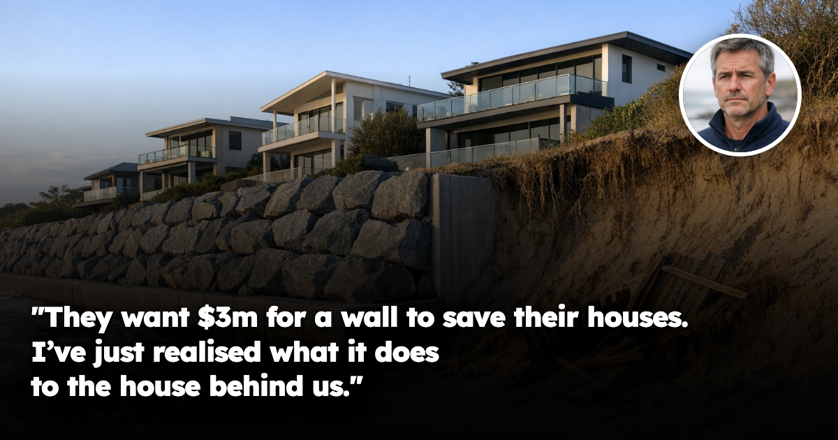 An Australian beachfront with a newly built rock seawall in front of several houses, and a steeply eroded sand escarpment where the wall ends