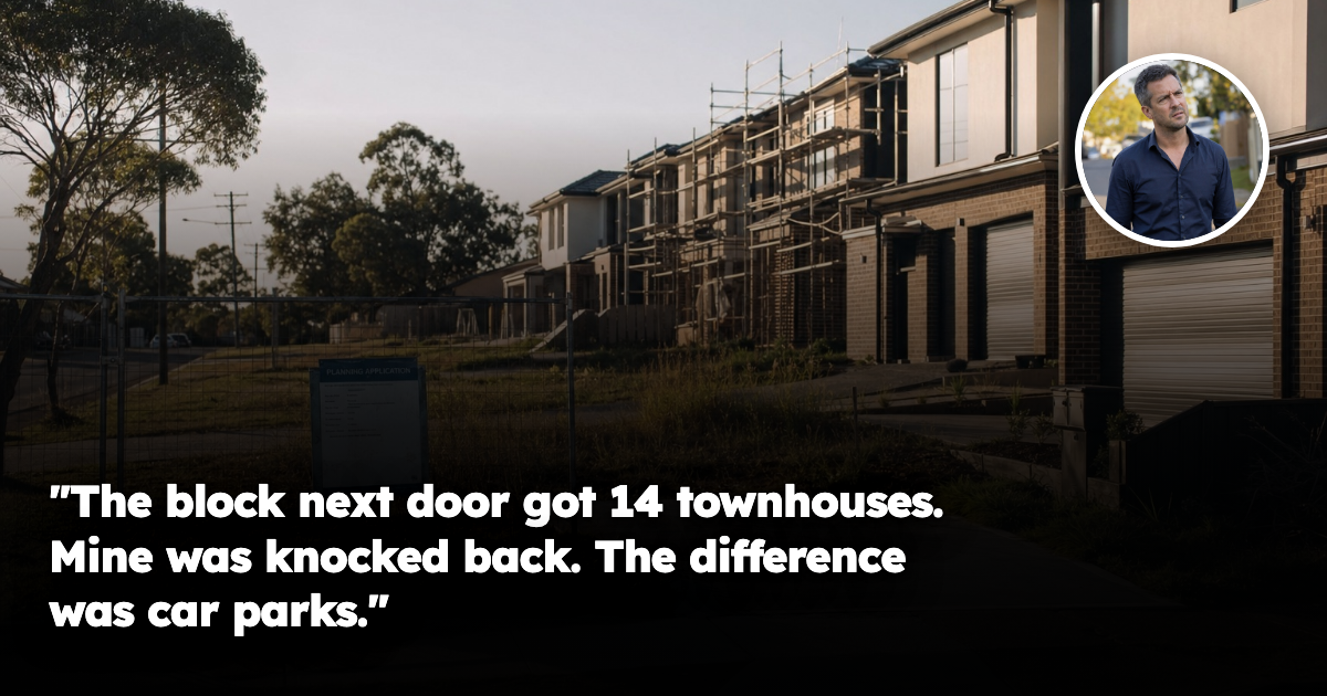 A vacant fenced development block with a planning application notice, next to a row of newly completed townhouses on the same Australian suburban street.