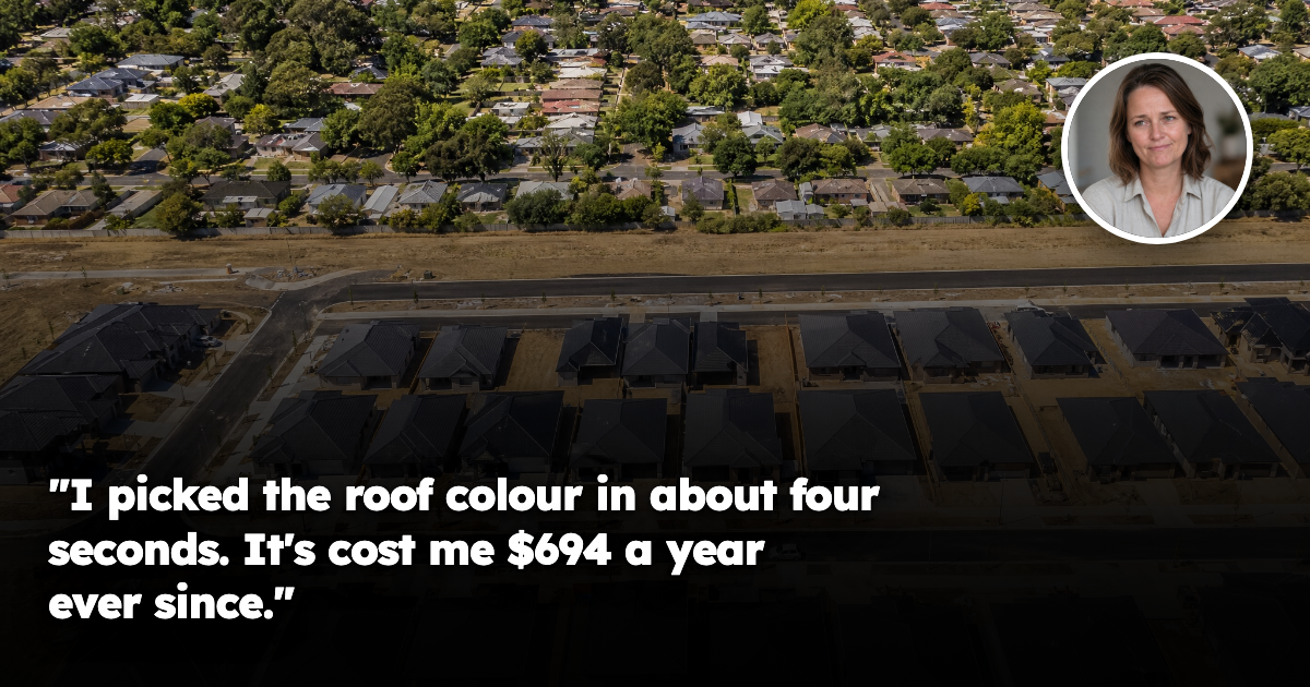 Aerial view of a new Australian housing estate with dark tiled roofs, black asphalt roads and almost no established trees, beside an older leafy street.