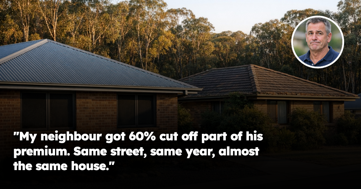 Two similar Australian suburban houses on the same street beside bushland, one with visible bushfire mitigation and one with overgrown surrounds and leaf-filled gutters